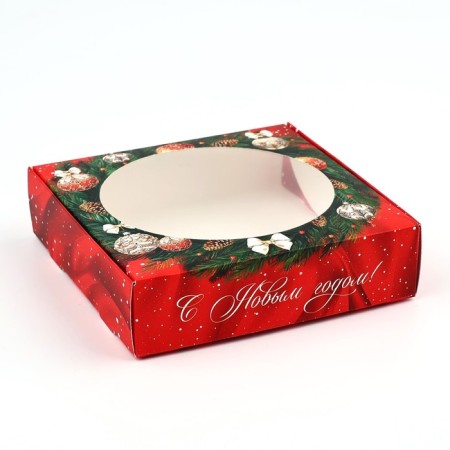 Box for Makarun with low sides "New Year's luxury", wreath, 11x 11x 3 cm, New Year-1