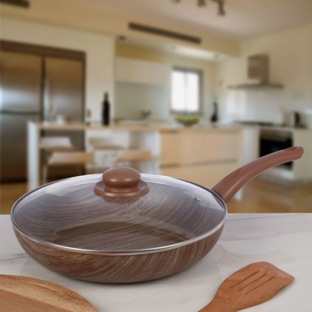 Deep pan Kantry, D = 28 cm, glass cover, plastic handle, anti -stick coating, brown color