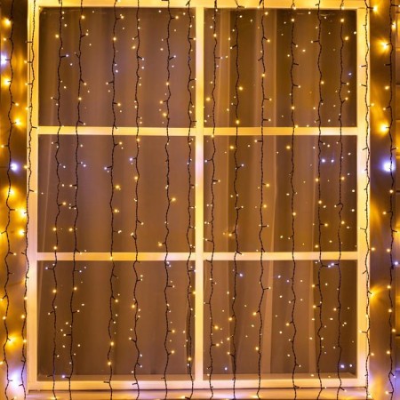 Garland "Curtain" 2 × 3 m, IP44, UMS, dark thread, 760 LED, warm white glow, white flicker, 220 V