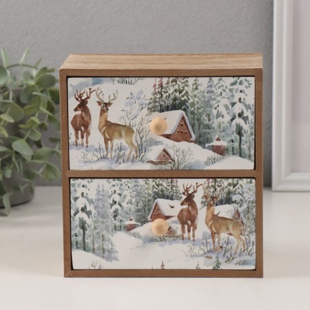 Casket wood 2 boxes "deer at the snowy house" 10.2x17.2x17.6 cm-1