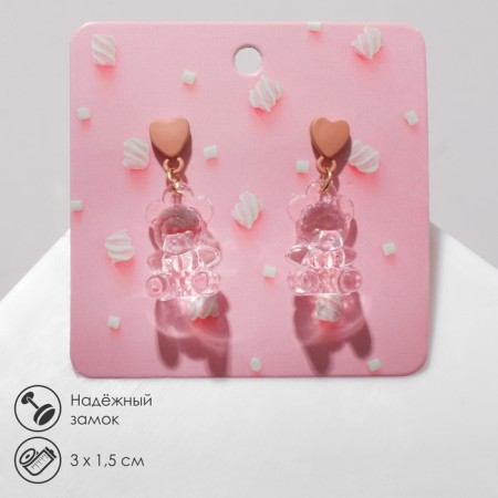 Earrings plastic "bears" with hearts, pink color in gold