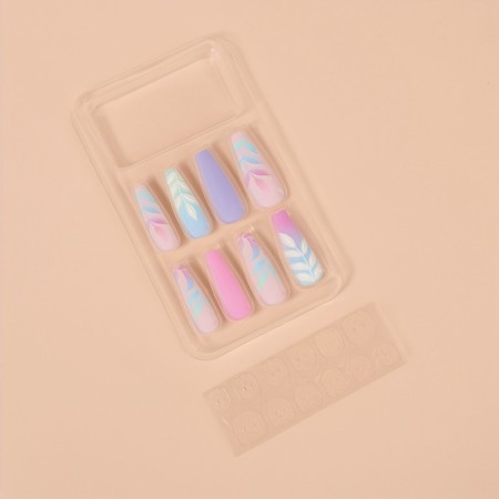 Falbled nails “Leaflets”, 12 pcs, with adhesive plates, ballerina shape, multi -colored-1