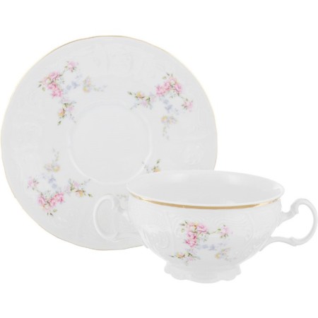 A cup with a saucer for Bernadotte broth, decor "Wild rose, laying gold"