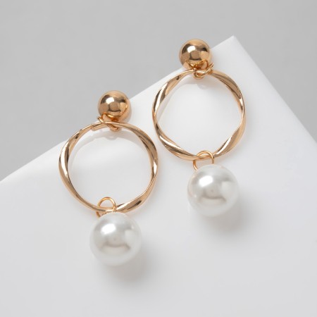 Earrings with pearls "Tenderness" circle with bead, white color in gold-8