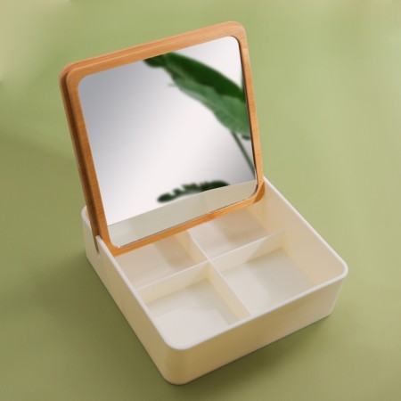 Boxing for storing cosmetic supplies, with a mirror, 4 sections, 15 × 15 × 5 cm, white/brown color-3