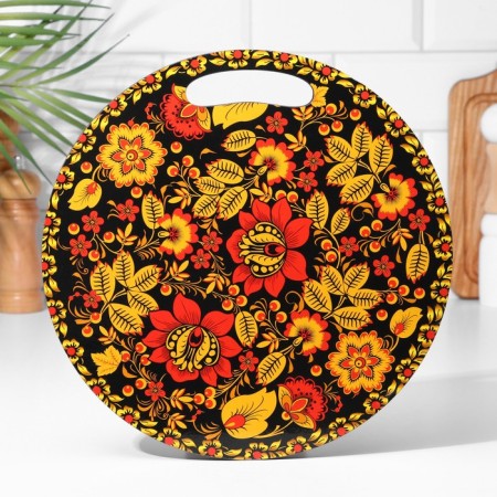 Board cutting and serving round kitchen "Khokhlomskaya painting", 25.5 cm