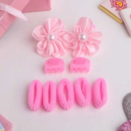 Sophie hair set (7 rubber bands, 2 crab) flowers with bead, pink-1
