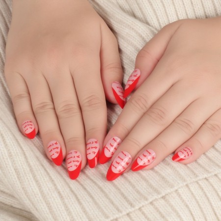Love overhead nails, 24 pcs, with adhesive plates, almond shape, pink/red color-12