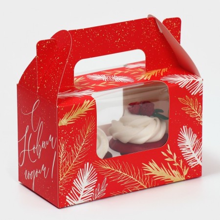 Box for cupcakes "Red with NG", 16 x 10 x 8 cm, New Year-2