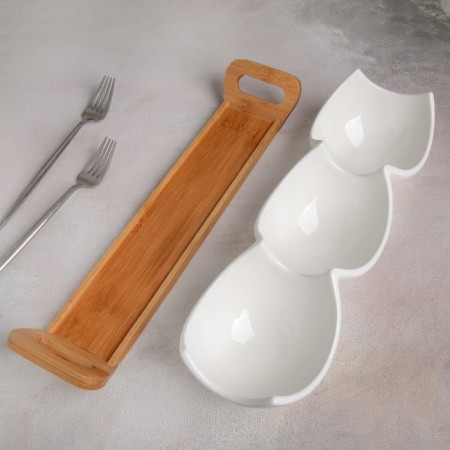 Ceramic Menjnitsa 3 cells on an esthete wooden stand, 39.8 × 11.4 cm, white color-2