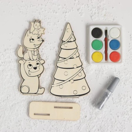 Set for creativity "Wood painting: animals with a Christmas tree"-2