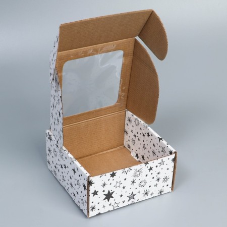 Box a gift team with a window, packaging, "stars", white, 16x8x16 cm-2