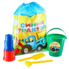 Песочный набор в рюкзаке, Синий трактор, грабли, совок, 3 формочки, ведёрко 1 л