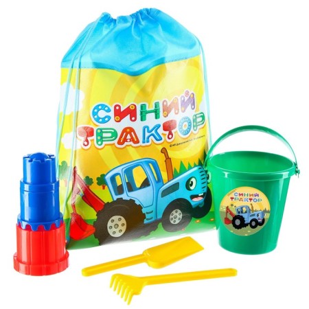 Sanding set in a backpack, blue tractor, rake, scoop, 3 molds, bucket 1 liter