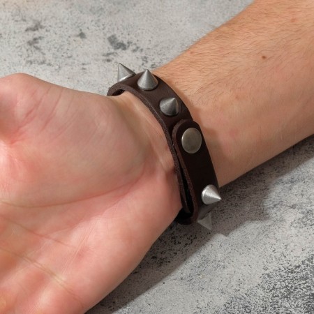 Bracelet Skin "Skull" with spikes, brown color with black silver, 23 cm-3