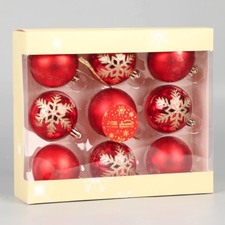 Set of balls plastic D-6 cm, 9 pcs "Adele" snowflakes, red-1