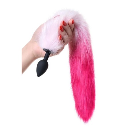 Anal plug with a white-pink tail, silicone, black color, 45 cm, d = 2.7 cm-3