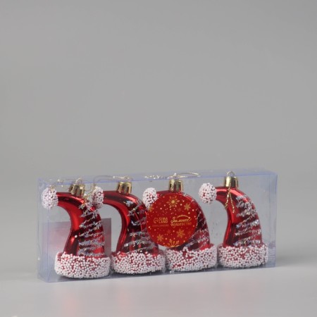 Christmas tree decoration "New Year's cap" (set 4 pcs) 8x4.5 cm, red-white-1
