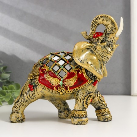 Polystone souvenir "Elephant in Red Popone with gold patterns and mirrors" 18.5x8x23 cm