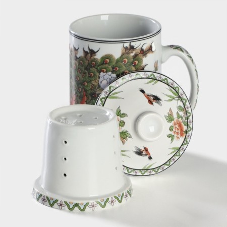 Ceramic mug with a lid and sieve "Flowers", 300 ml, white color-3