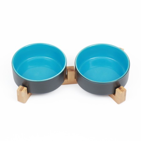 Double ceramic bowls on a stand of 2 x 450 ml 28.5 x 15.5 x 7 cm, gray/blue-2