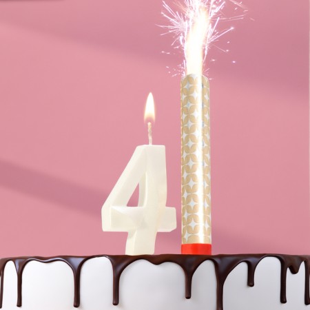 Candle in the cake "Gran + Fountain", number "4", pearl, 6.5 cm