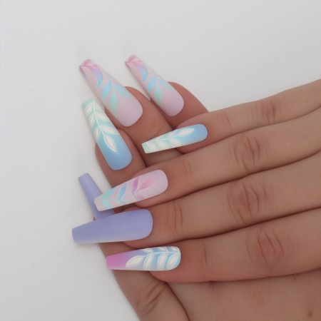 Falbled nails “Leaflets”, 12 pcs, with adhesive plates, ballerina shape, multi -colored-7