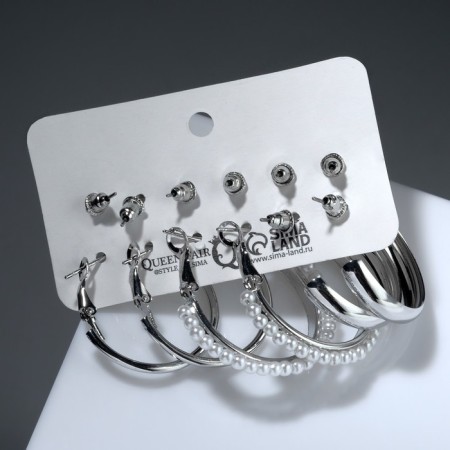 Ring earrings set 6 pairs "Youth" pearls, white color in silver, d = 3-2