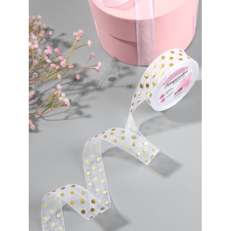 Kapron tape with embossing “Peas”, 25 mm, 22 ± 1 m, white/gold color-1