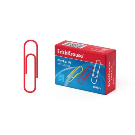Office paper clips 33 mm, color, 100 pieces, Erich Krause, with vinyl coating