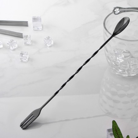 Spoon of barn stainless steel with a fork, length 32.5 cm, black color