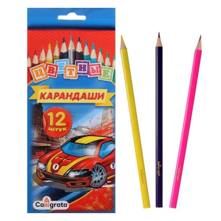 Pencils colored 12 colors "machine", wooden building, three -sided