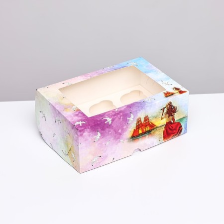 Packaging for 6 cupcakes with a window, "red sails", 25 x 17 x 10 cm