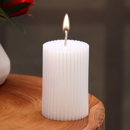 Candle-cylinder with faces, 5x7.5 cm, pearl, 6 hours