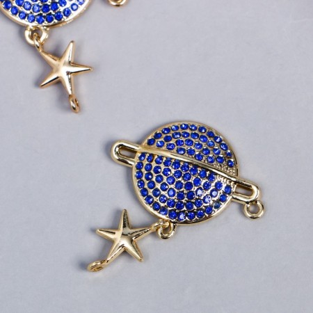 Connector for creativity Metal 2 Ears "Planet and Star" Blue rhinestones 2.7x3 cm