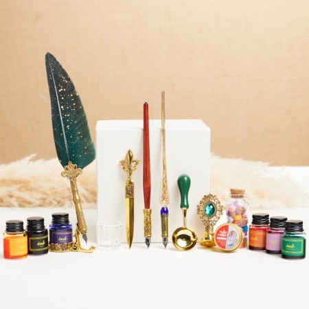 Gift set 14v1 "Enchanted": 3 feathers, ink 6 colors, print, wax, knife