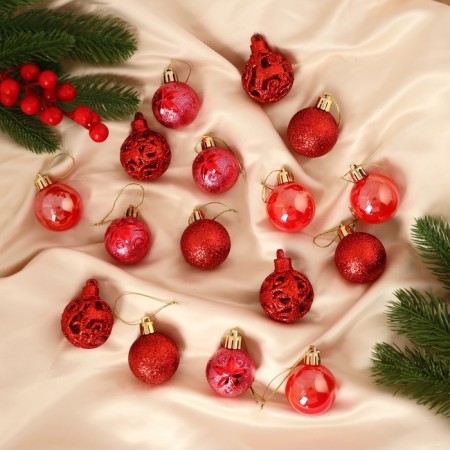 Set of balls plastic D-4 cm, 16 pcs "Melody" Ornament, Red