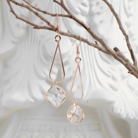 Hanging earrings with rhinestones "drop with a rhombus", white color in pink gold, 7.2 cm-1