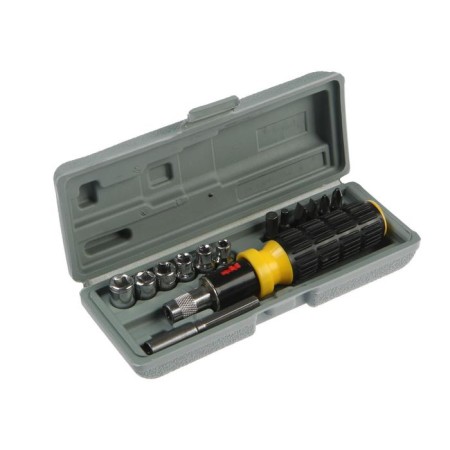 A screwdriver with a set of bit and tundra heads, reversing, in a case, 14 objects