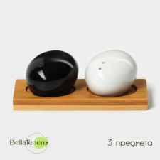 Ceramic set for spices on a wooden stand Bellatenero “Stones”, 2 items: Solonka 30 ml, list of 30 ml, white and black color