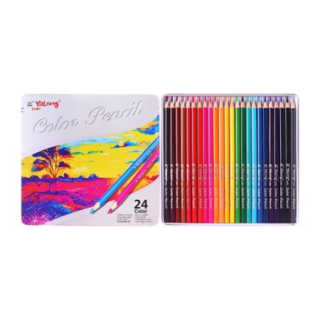 Pencils 24 colors, in metal pencil case, triangular, wooden, landscape mix