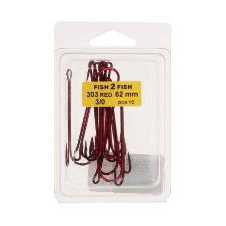 Double hook with a long fore -end Fish 2 Fish 303 No. 3/0, Red color, 62 mm