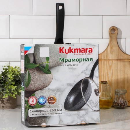 Pan, d = 26 cm, plastic handle, glass cover, anti -stick coating, color dark marble-7