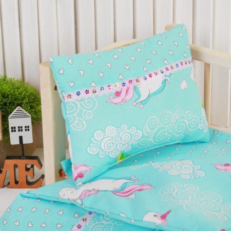Bed linen for puppet "Unicorn on Blue", sheet, blanket, pillow-1