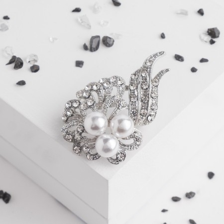 Brooch "Pearl flower" openwork, white color in silver