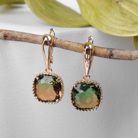 Earrings with “Illusion” rhinestones, a smooth square, brown-green color in gold-1