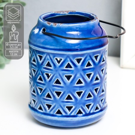 Ceramics candlestick for 1 candle "Lantern. Rombs" Blue 9x9x12 cm