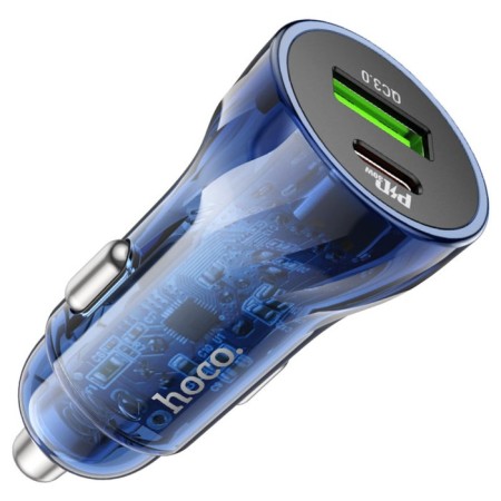 Hoco Z47A car charger, transparent, Type-C, USB, 30 W, PD+Qc, blue