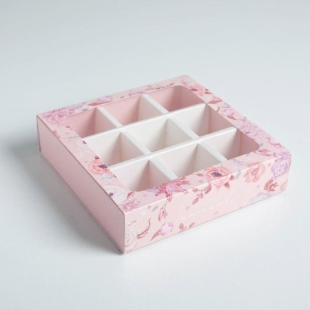 Box for sweets, confectionery packaging, 9 cells, Beautiful 14.5 x 14.5 x 3.5 cm-1