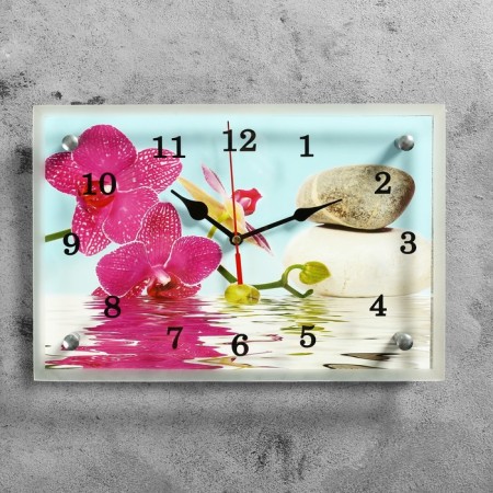 Carty clock is wall, series: flowers, "Lilac orchids and stones", 20x30 cm